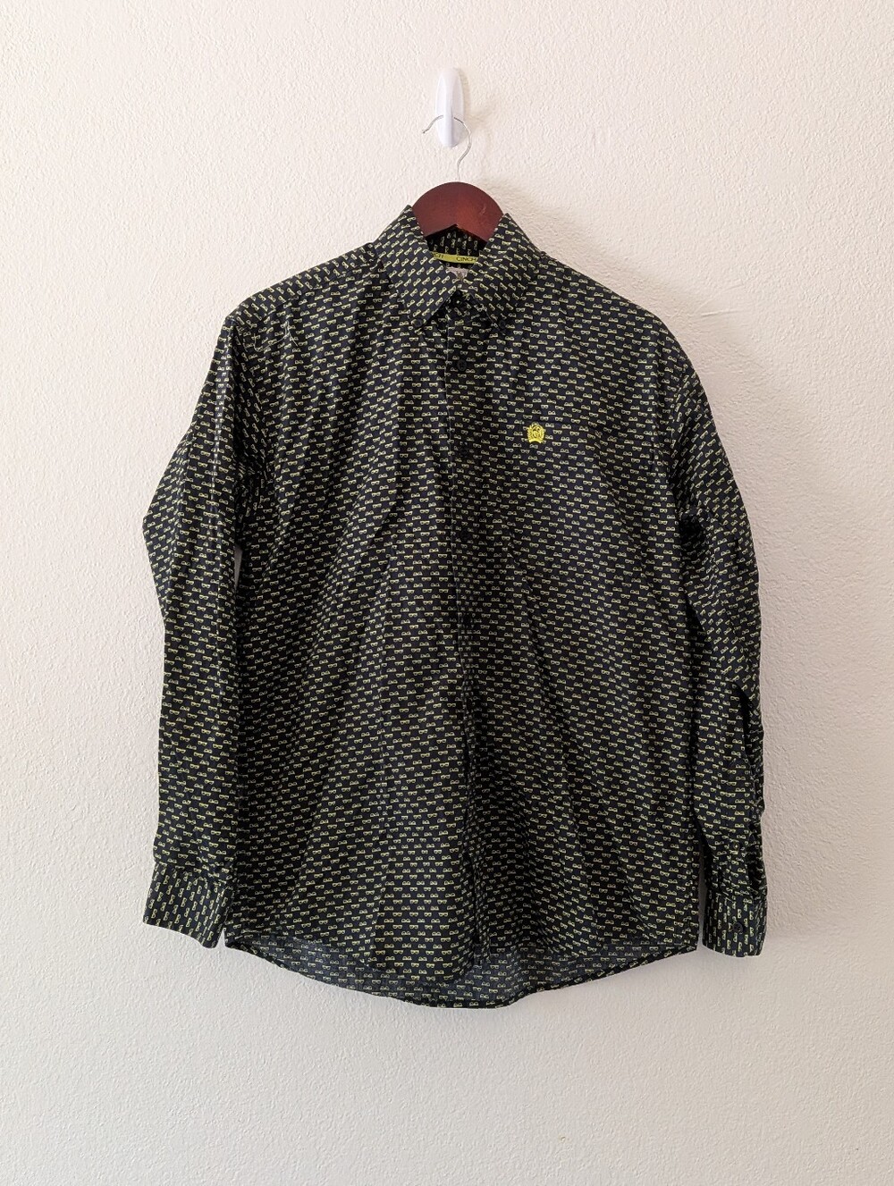 Cinch Men's Button Down Black Green Sunglasses Print Long Sleeve Shirt Size XS